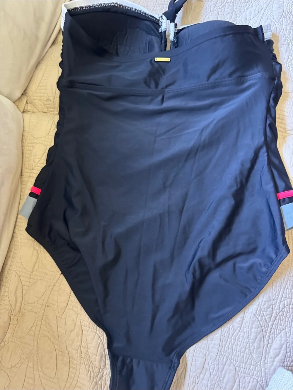 Jones New York Navy One-Piece Swimsuit with White, Gray and Pink Accents